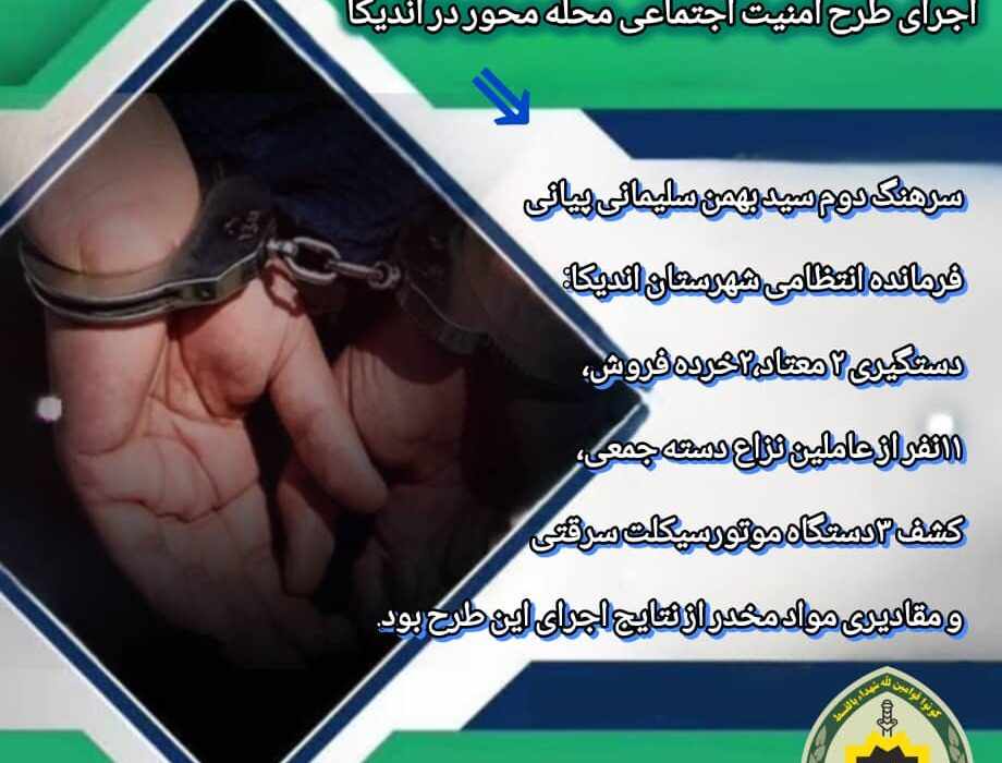 سرهنگ دوم سید بهمن سلیمانی پیانی فرمانده انتظامی شهرستان اندیکا:  🟢طرح ارتقای امنیت اجتماعی محله محور با اولویت برخورد با مخلان نظم و امنیت عمومی و پاکسازی نقاط آلوده و جرم خیز با استفاده از تمام ظرفیت ، امکانات و استعداد های سازمانی به اجرا در آمد